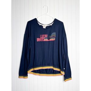 Lucky Brand Women's Navy Long Sleeve Graphic Top Rainbow Retro Casual Size Large
